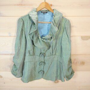 Samuel Dong Lightweight Jacket M Green Iridescent Ruffle Artsy Rosettes Snap-up